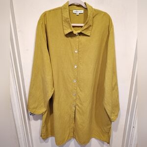 Christopher Calvin Chartreuse Longline Button Down Linen Tunic Top 3X Lagenlook